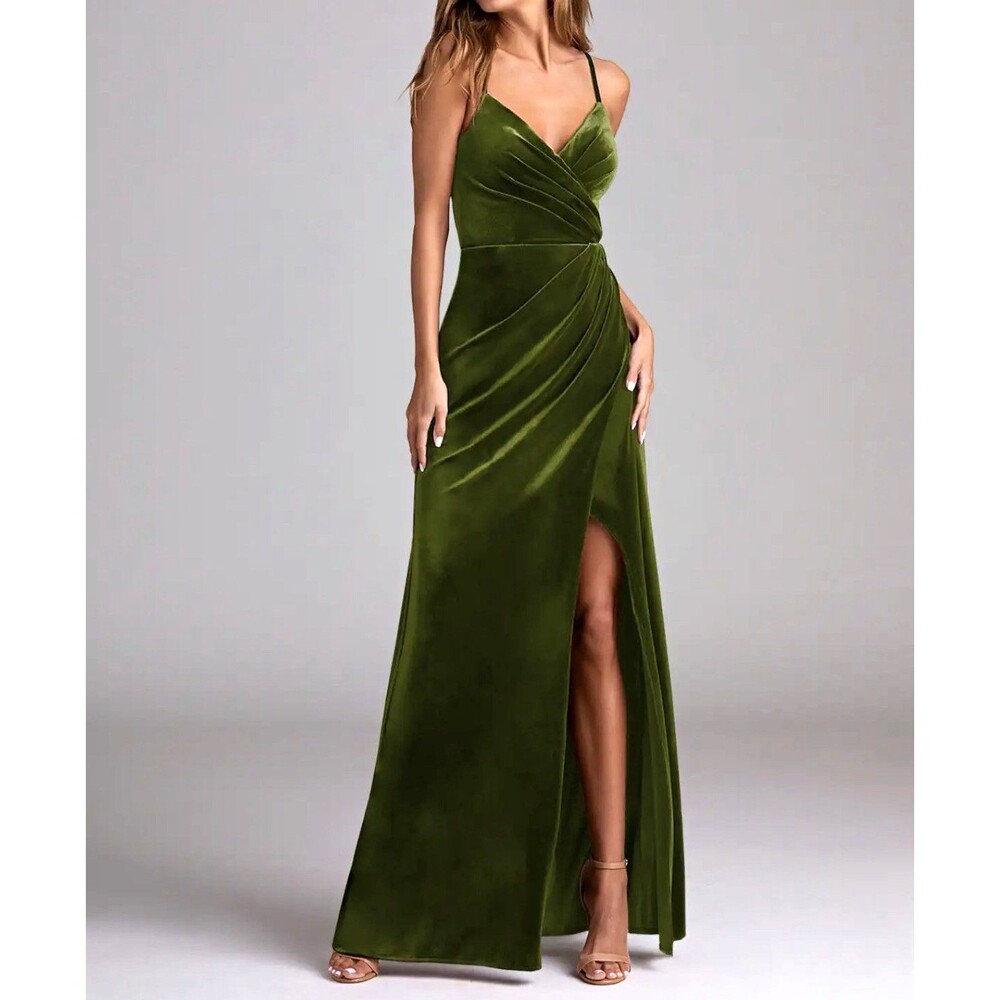 Azazie Olive Velvet Sleeveless Spaghetti Strap Bridesmaid Dress Size A14